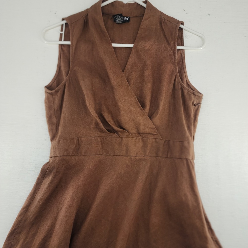 Rafaella Size 6 | Brown 100% Linen Sleeveless V-Neck Fit & Flare Dress Womens - Picture 2 of 5